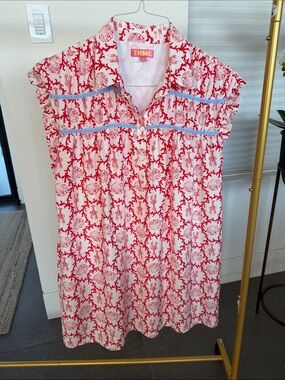 THML Red Shell and Lobster Print Flutter Sleeve Dress with Blue Striped Trim